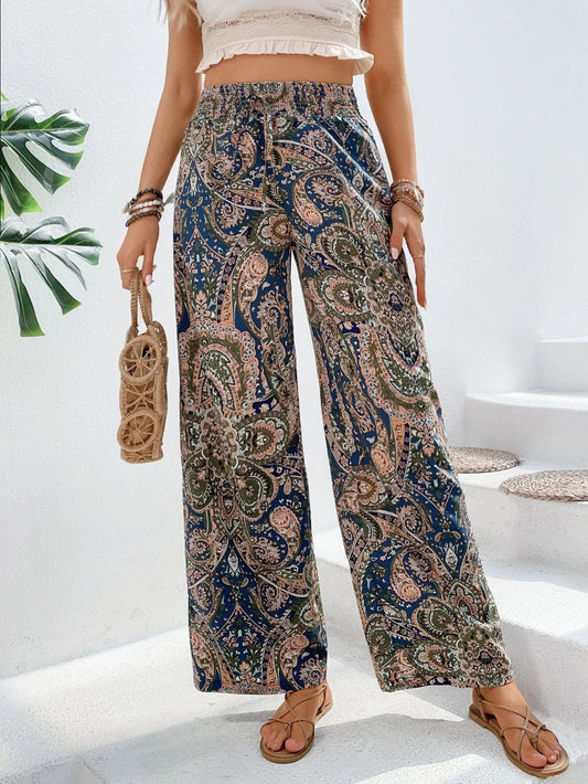 Printed Elastic Waist Wide-Leg Pants | Summer Casual Travel Trousers