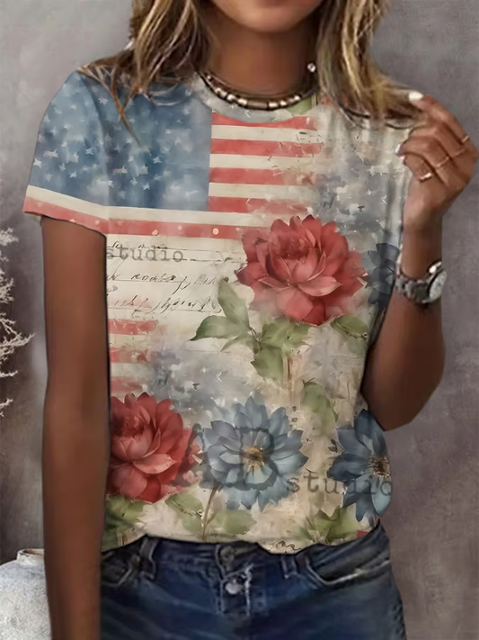Women's Independence Day Floral Print Casual Crew Neck Short Sleeve T-Shirt