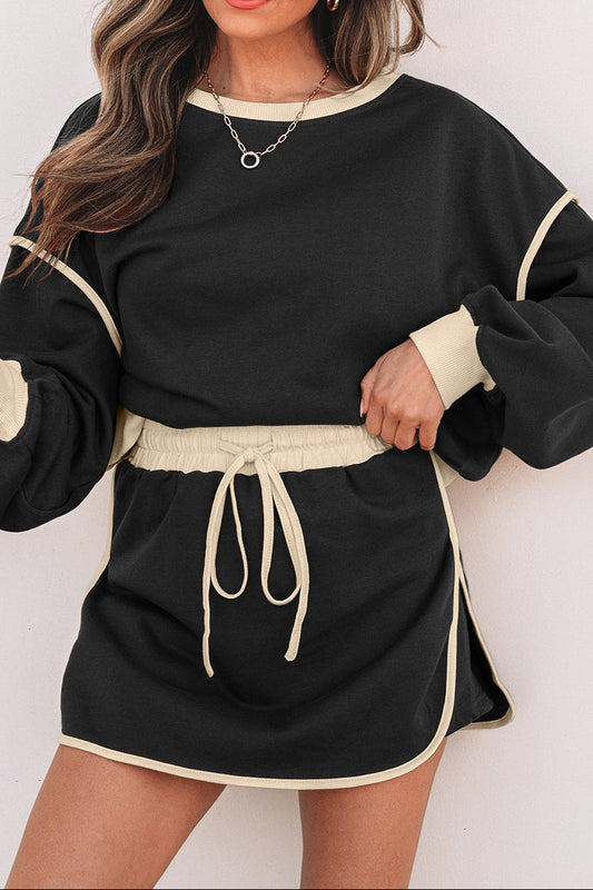 Black Color Contrast Loose Pullover and Lace-up Waist Skort Set