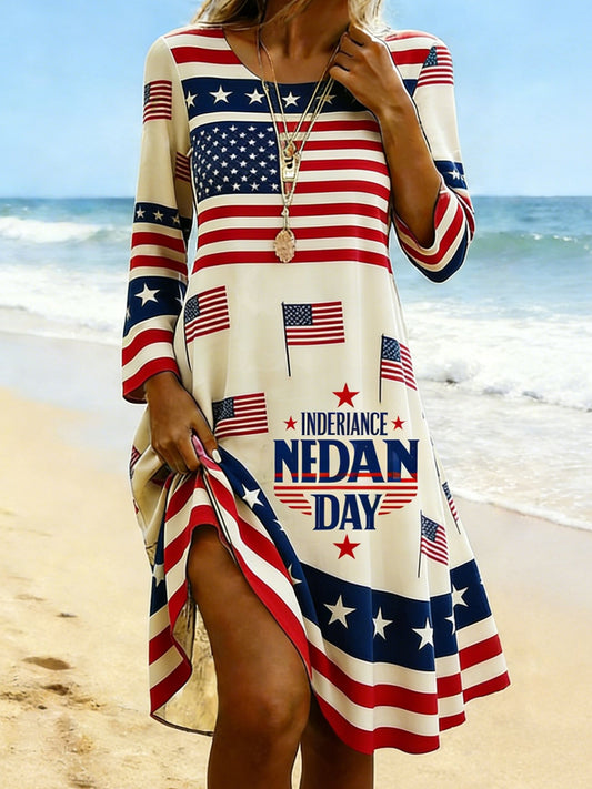 Women Spring Summer Dress America Flag Crew Neck 250th Anniversary Dress