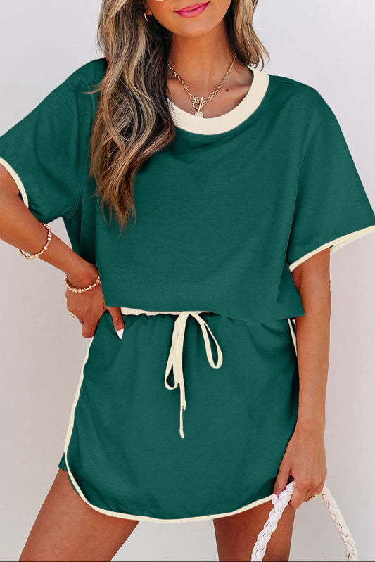 Evergreen Colorblock Edge Drop Shoulder T Shirt and Skort 2Pcs Set
