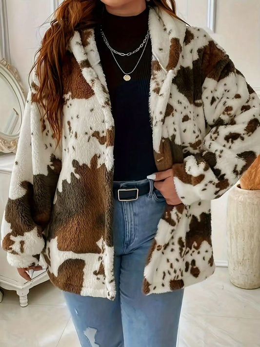 Printed Fuzzy Hooded Wool-Blend Jacket | Cozy Autumn Winter Boutique Outerwear