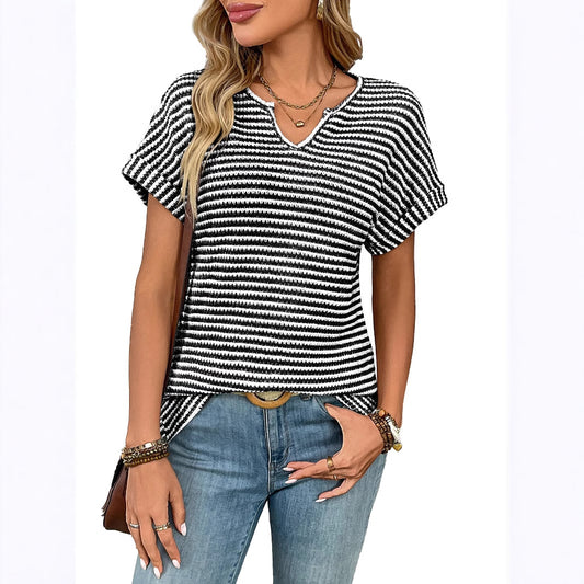 Striped V-Neck Raglan Sleeve T-Shirt | Casual Loose Fit Tee