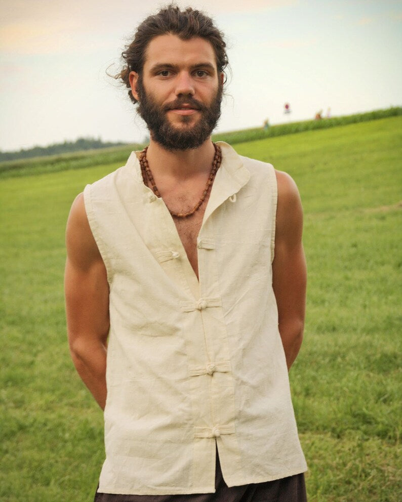 Men's Khadi Cotton Vest: Boho Hippie Chinese Button Top