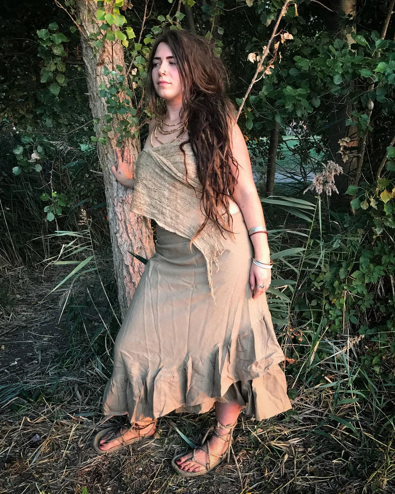 Boho Frill Cotton Wrap Skirt: Long Khadi, Olive Green