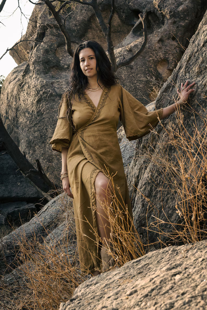 Brown Wrap Dress Long with Pockets and Blockprint