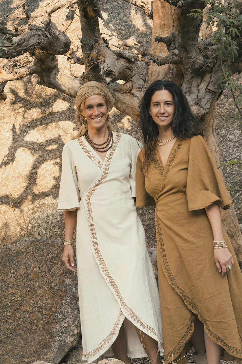 Brown Wrap Dress Long with Pockets and Blockprint
