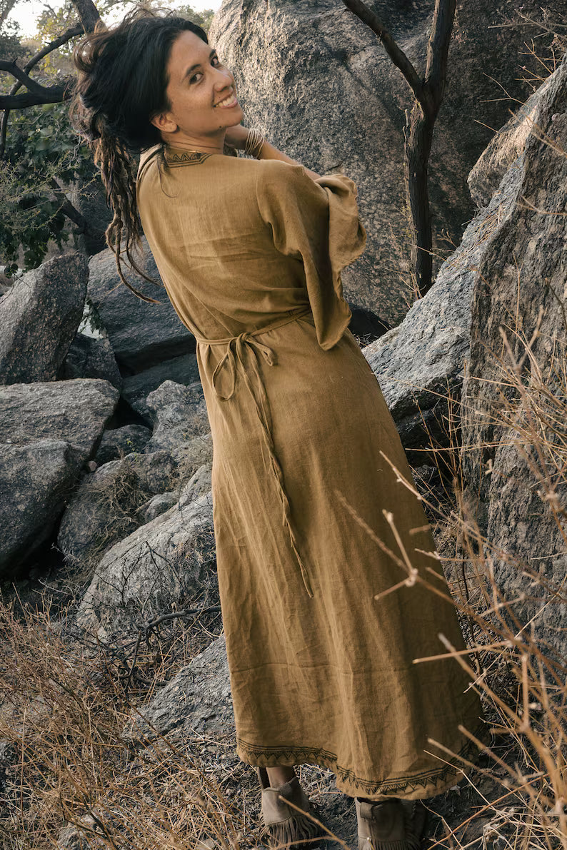 Brown Wrap Dress Long with Pockets and Blockprint