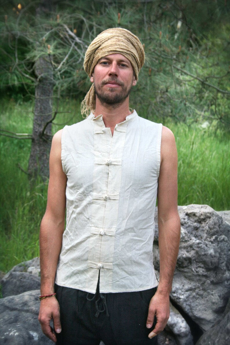 Men's Khadi Cotton Vest: Boho Hippie Chinese Button Top