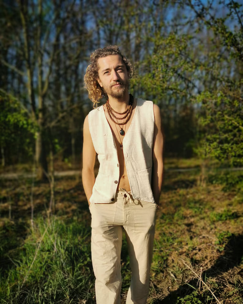 Men's Kadhi Vest Waistcoat 2 Colors Natural Earthy Handloom Cotton Mens Wear Boho Ethno Pixie