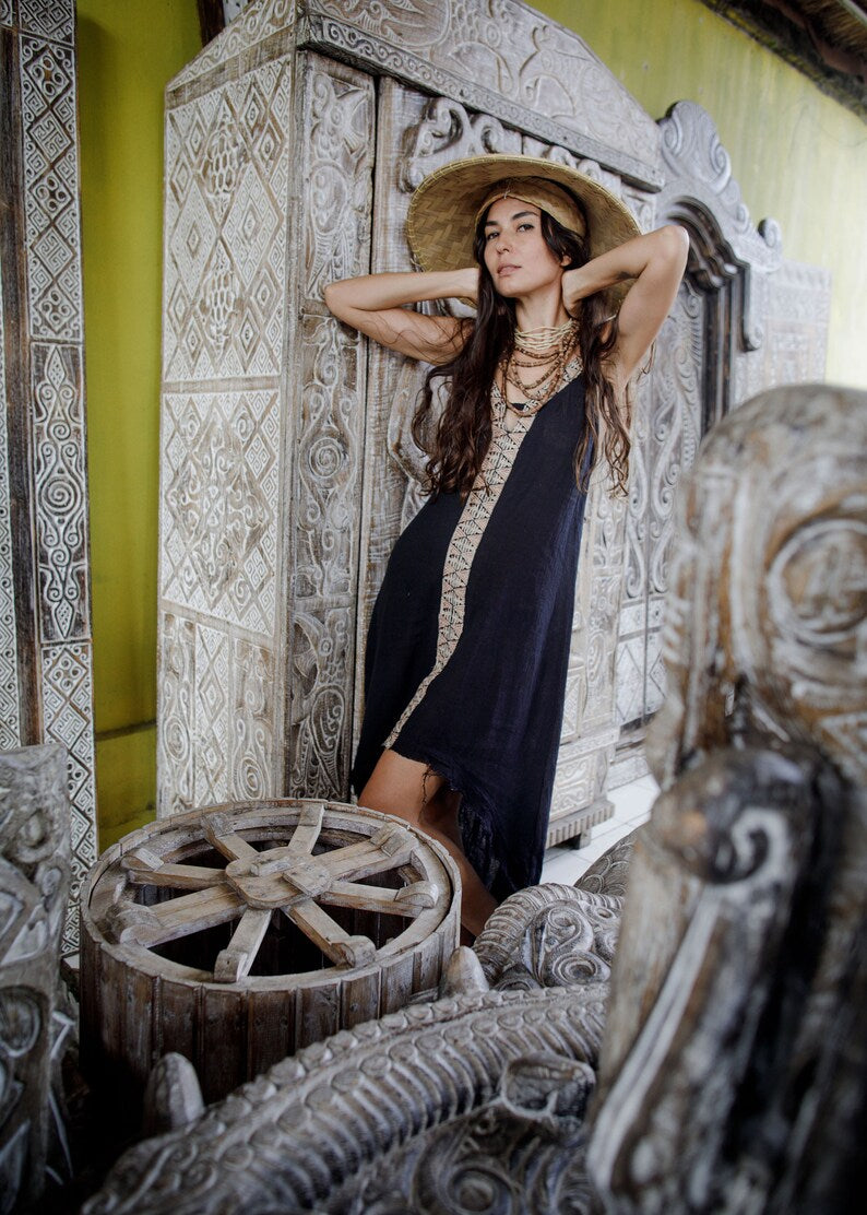 Apsara Kleid Schwarz Handblock bedruckt Baumwolle Boho Ethno Boho Tribal Pagan Hochzeitszeremonie lang