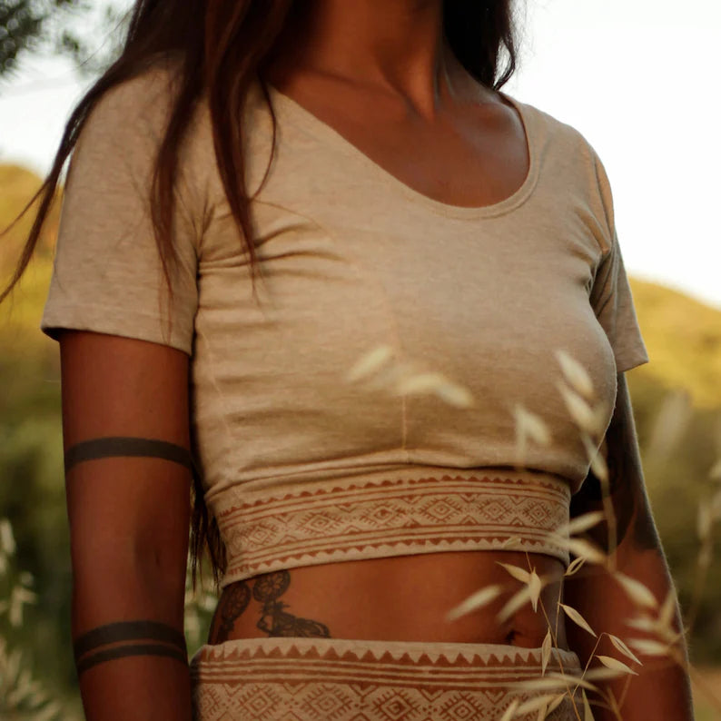 Crop Top Cotton Choli Tribal Hand Blockprint Black and Beige Saritop