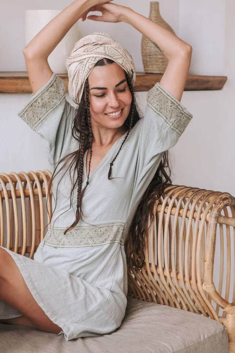 Kürzerer Kimono Wrap Salbei Grün Braun Wickelkleid Handblock Bedruckt Boho