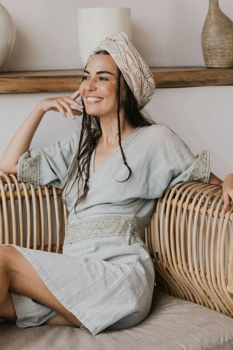 Kürzerer Kimono Wrap Salbei Grün Braun Wickelkleid Handblock Bedruckt Boho