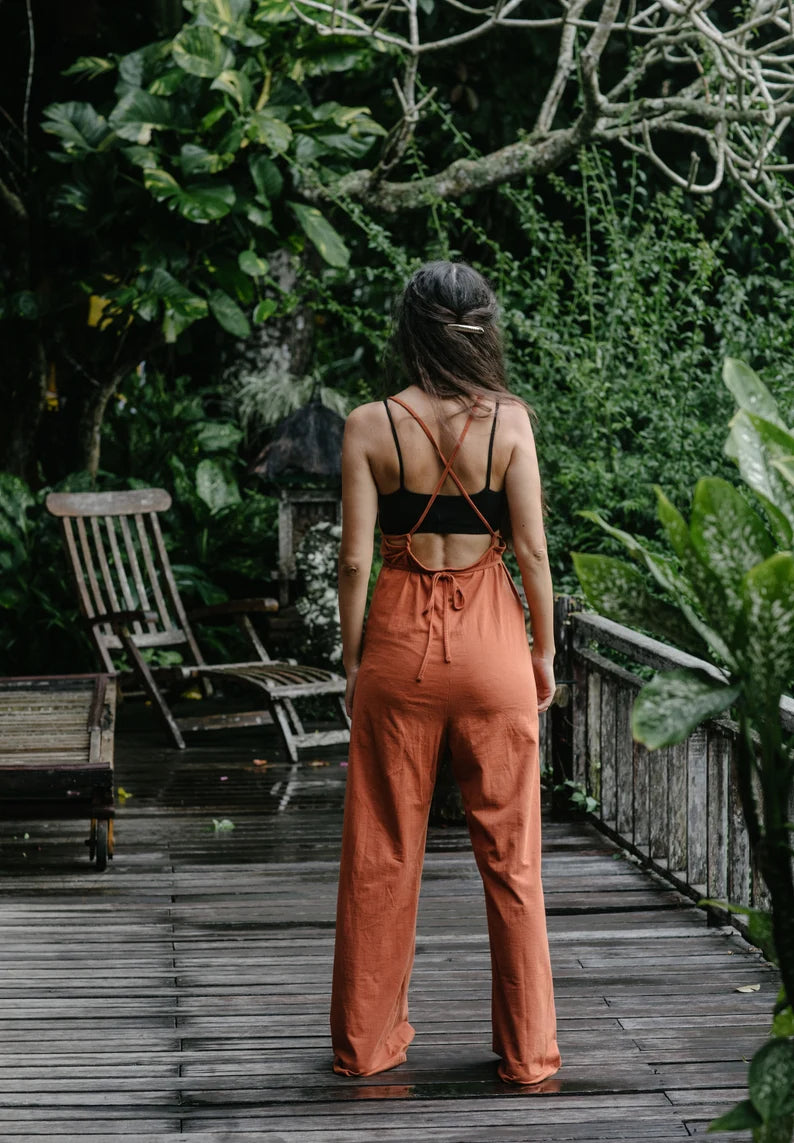 Long Jumpsuit Terracotta Stretch Cotton Onsie