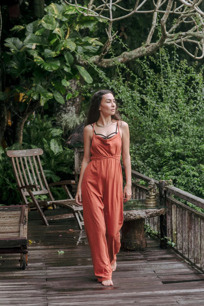 Long Jumpsuit Terracotta Stretch Cotton Onsie