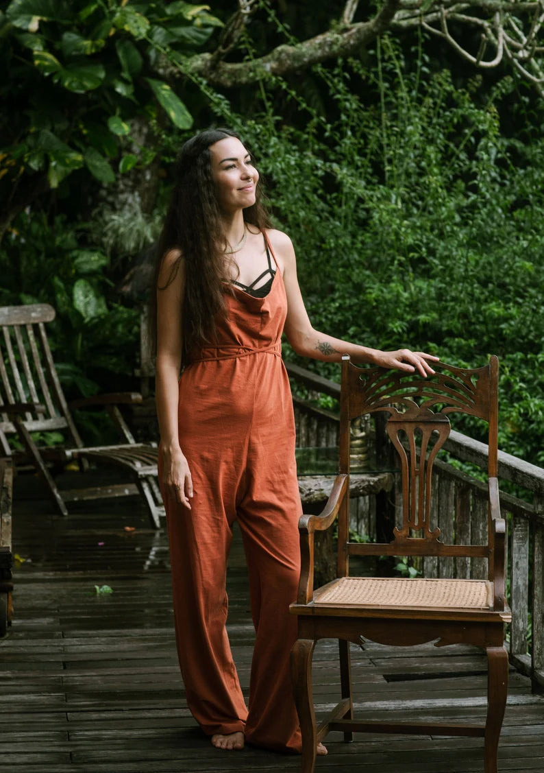 Long Jumpsuit Terracotta Stretch Cotton Onsie