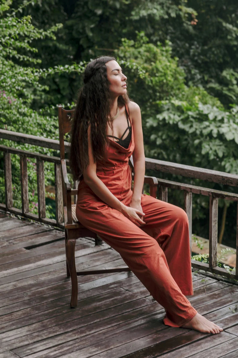 Long Jumpsuit Terracotta Stretch Cotton Onsie