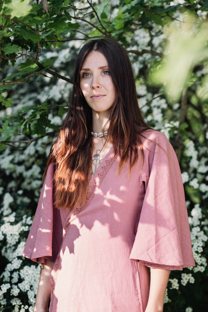 Wickelkleid Altrosa Wickelkleid Hand Block Bedruckt Boho Maxikleid