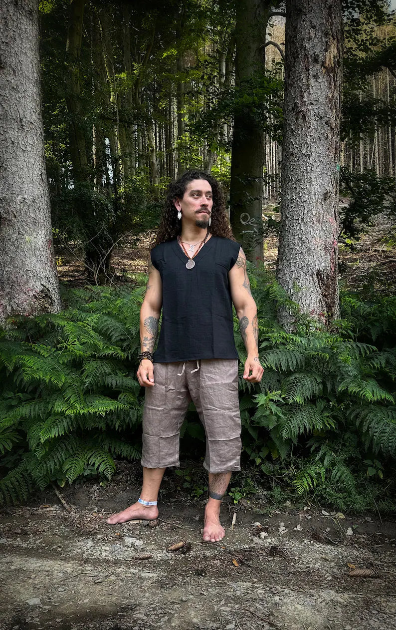 Men's Kadhi Tank Top Black Handloom Natural Cotton Boho Men Wear