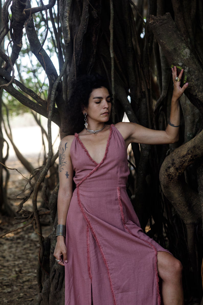 Wickelkleid 'Liya' Rose Goddess Fringe Cotton Boho Chique Style Long Maxikleid