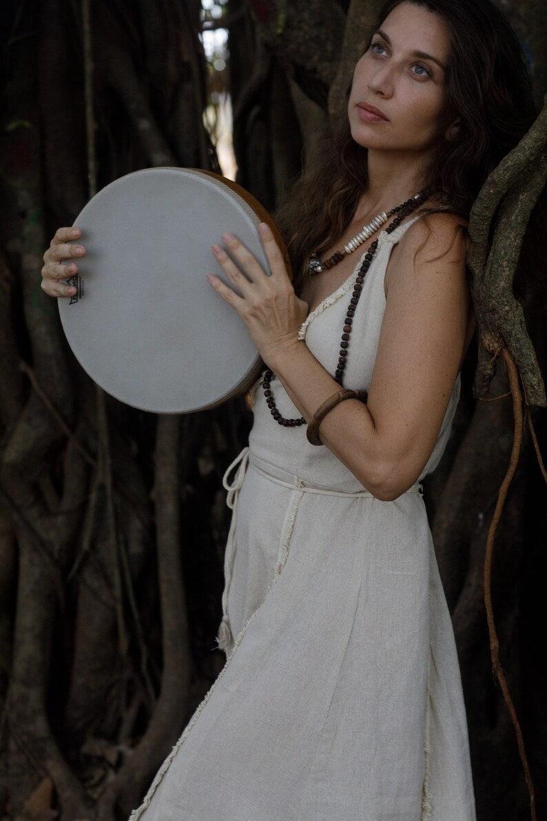 Wickelkleid 'Liya' Off-White Goddess Fransen Baumwolle Boho Chique Style Langes Maxikleid