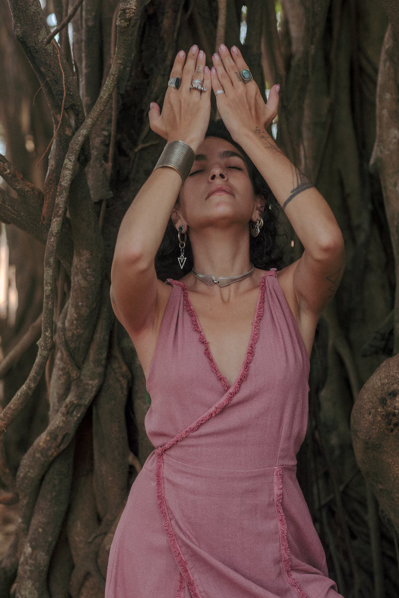 Wickelkleid 'Liya' Rose Goddess Fringe Cotton Boho Chique Style Long Maxikleid