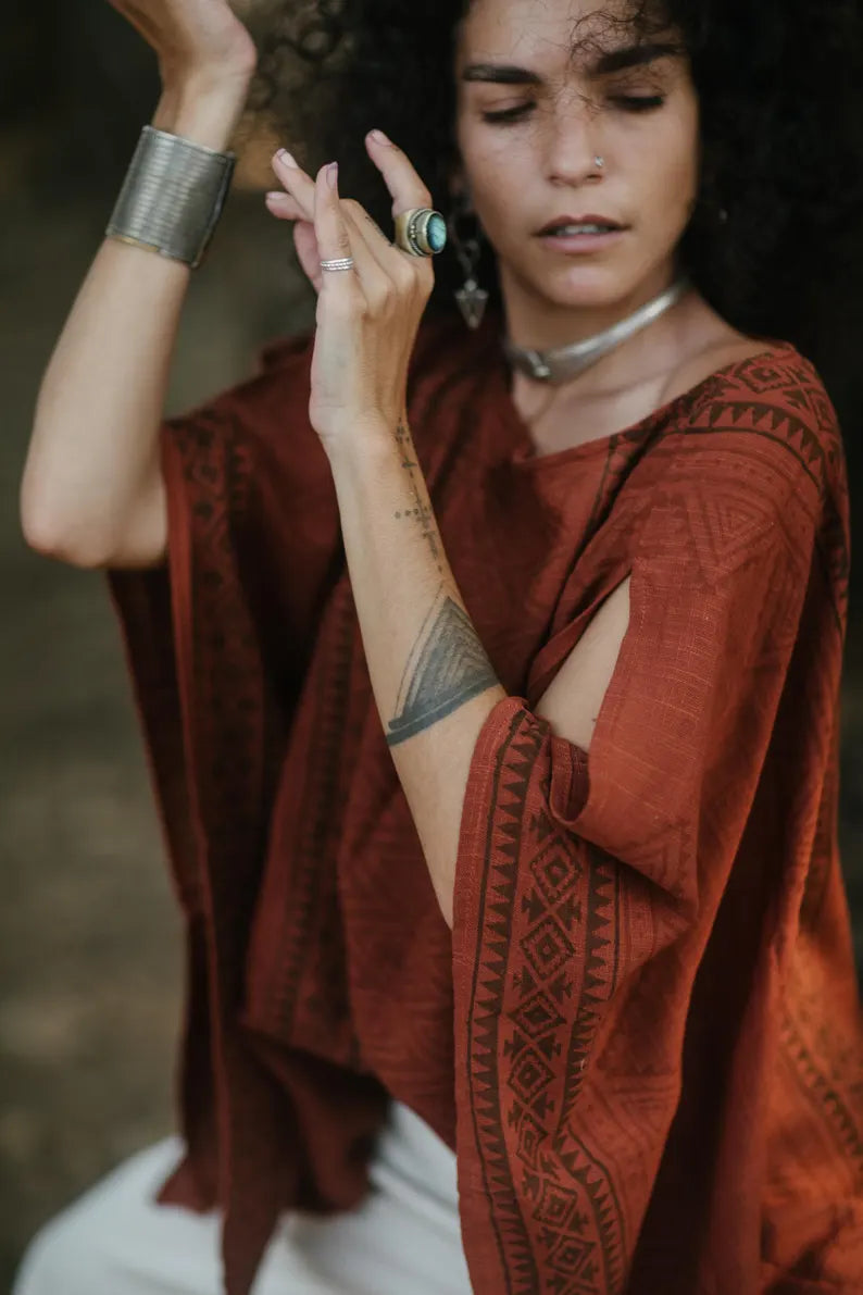Blockprint Poncho Tunik Rustred