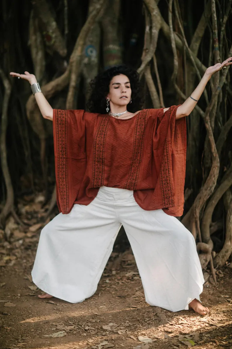 Blockprint Poncho Tunik Rustred