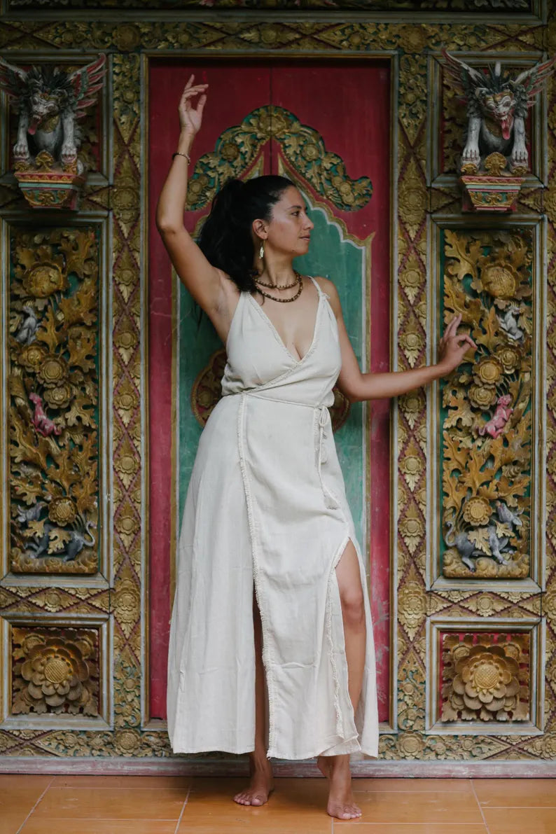 Wrap Dress 'Liya' Off White Goddess Fringe Cotton Boho Chique Style Long Maxidress