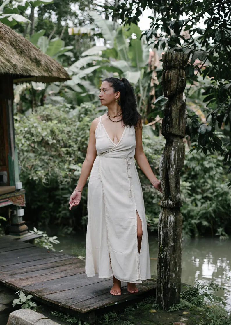 Wrap Dress 'Liya' Off White Goddess Fringe Cotton Boho Chique Style Long Maxidress