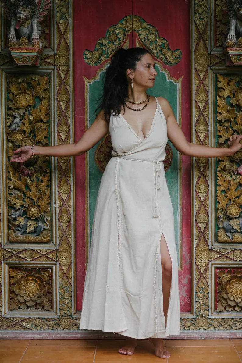 Wrap Dress 'Liya' Off White Goddess Fringe Cotton Boho Chique Style Long Maxidress