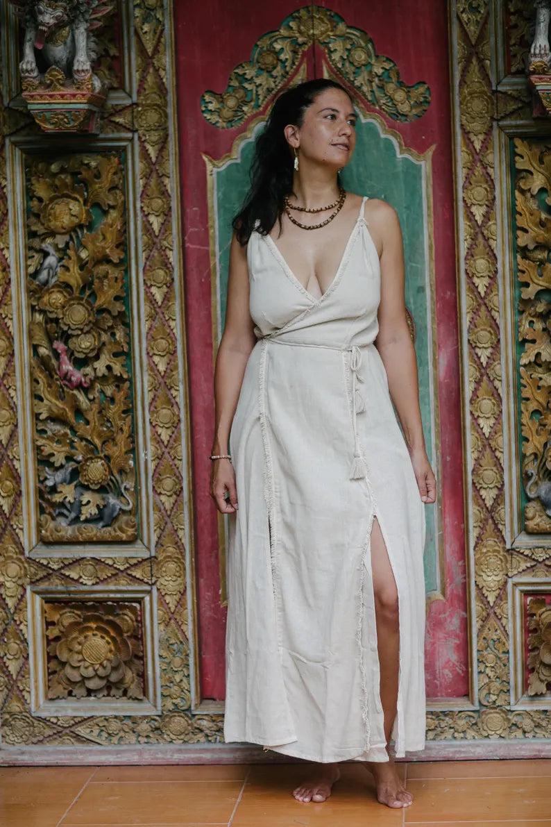 Wrap Dress 'Liya' Off White Goddess Fringe Cotton Boho Chique Style Long Maxidress
