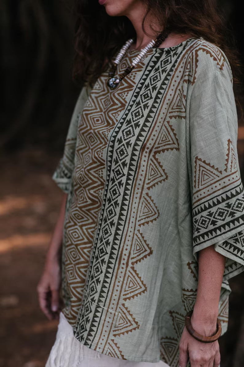 Blockprint Poncho Tunik Mint Top