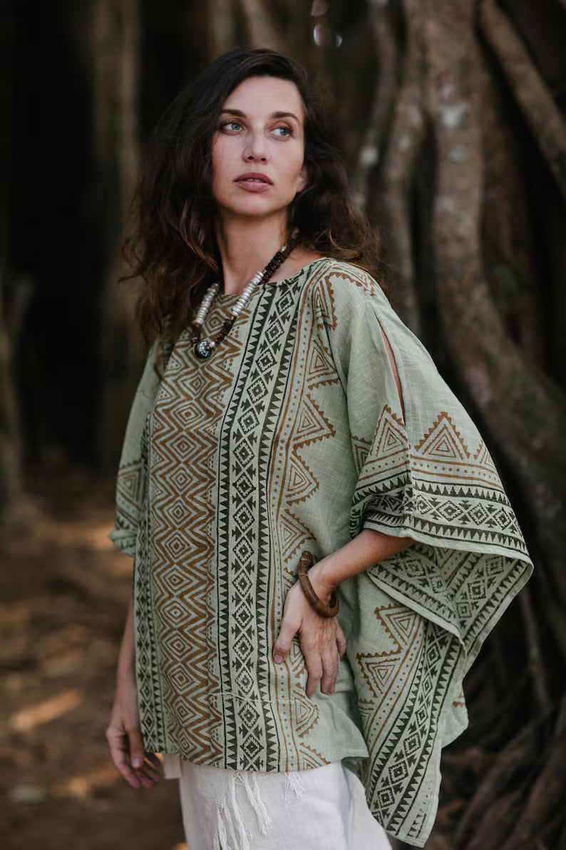Blockprint Poncho Tunik Mint Top