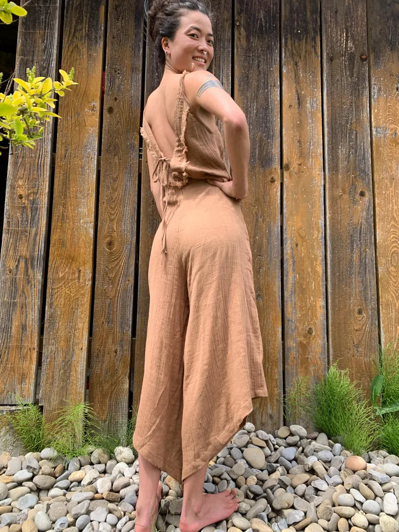 Long Jumpsuit 'Mokka' Cotton Crepe adjustable straps Onsie Durangee