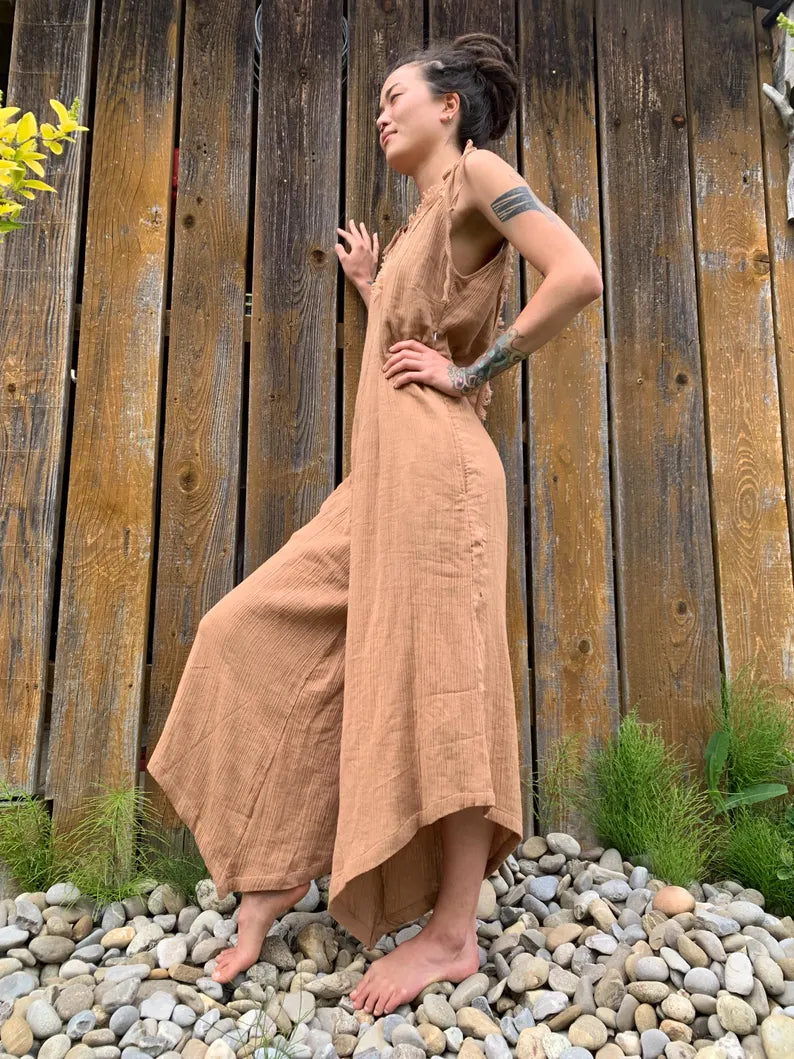 Long Jumpsuit 'Mokka' Cotton Crepe adjustable straps Onsie Durangee