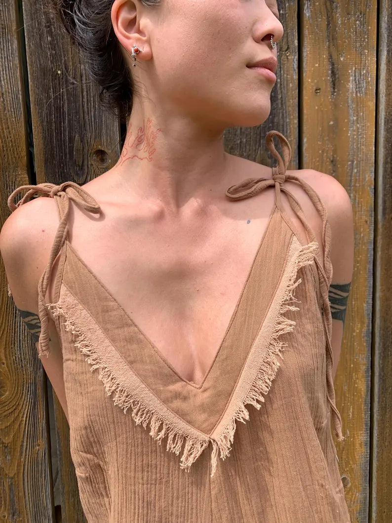 Long Jumpsuit 'Mokka' Cotton Crepe adjustable straps Onsie Durangee