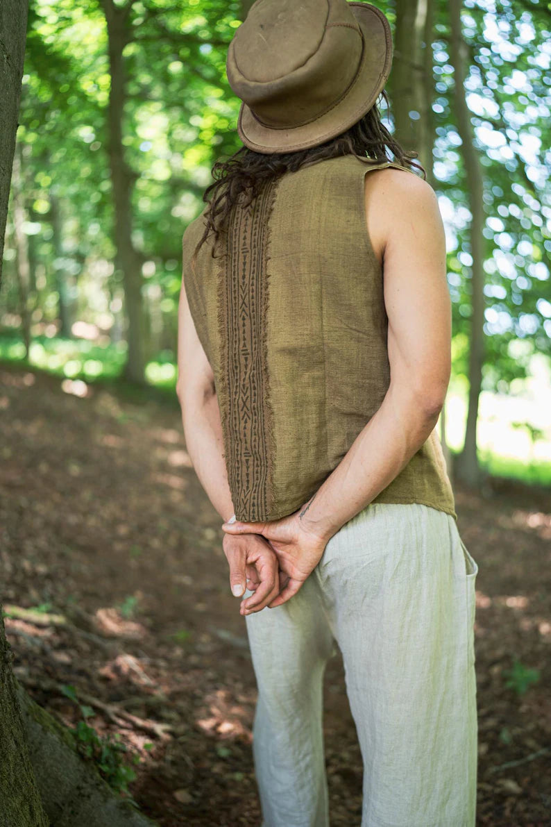 Men's Kadhi Blockprint Vest Waistcoat 2 Colors Natural Earthy Handloom Cotton Mens Wear