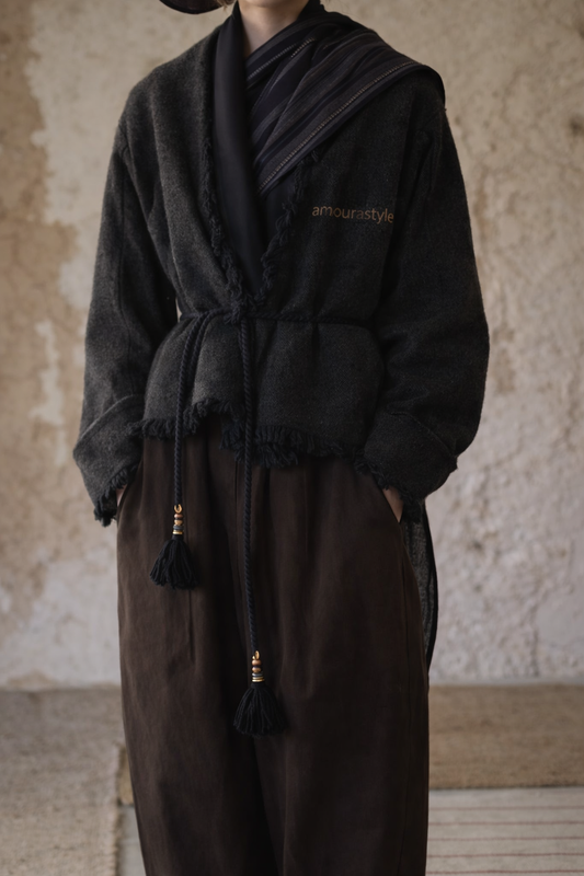 Black & Grey Knitted Wool New-Oriental Nomadic Cardigan