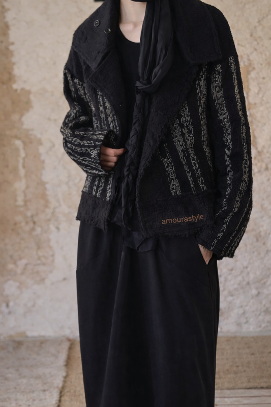 Reversible Thick Textured Wool Belted Stripe Black Short Coat